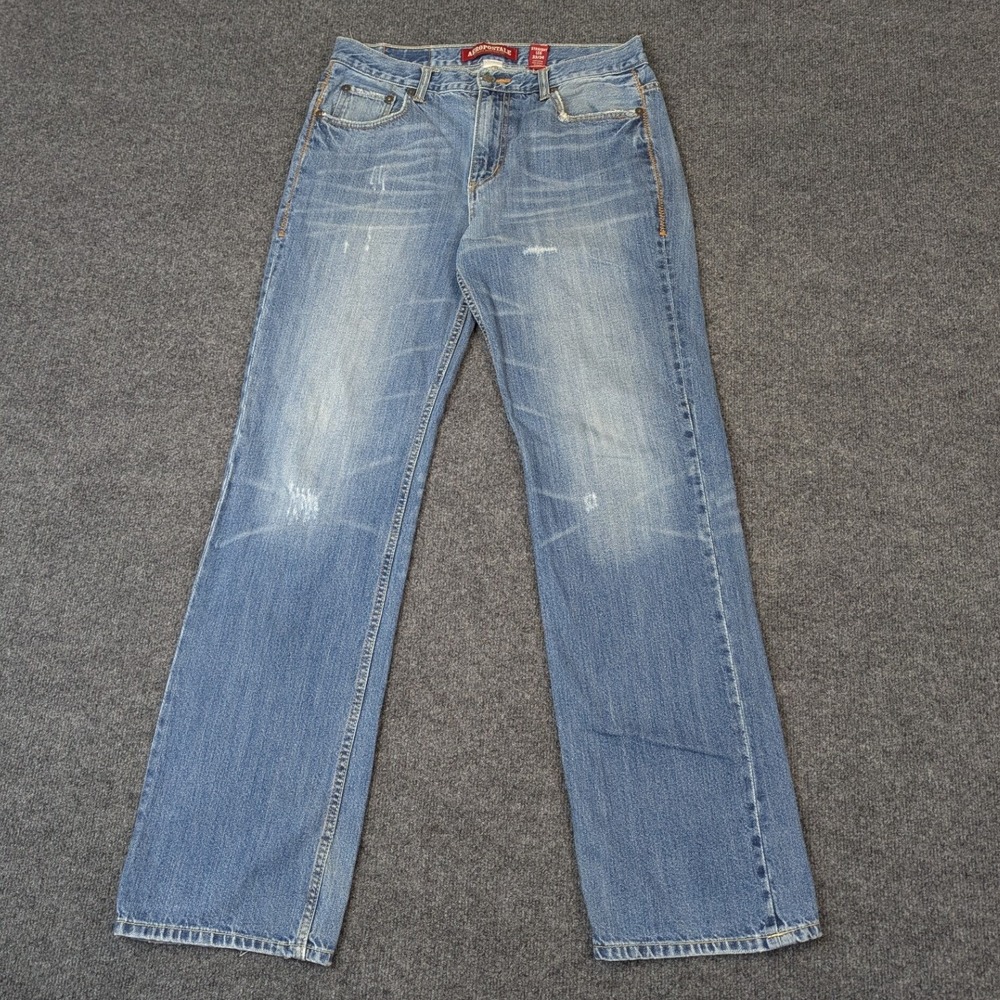 Aeropostale Mens Straight Leg Blue Jeans 33x34 Distressed Cotton Denim
